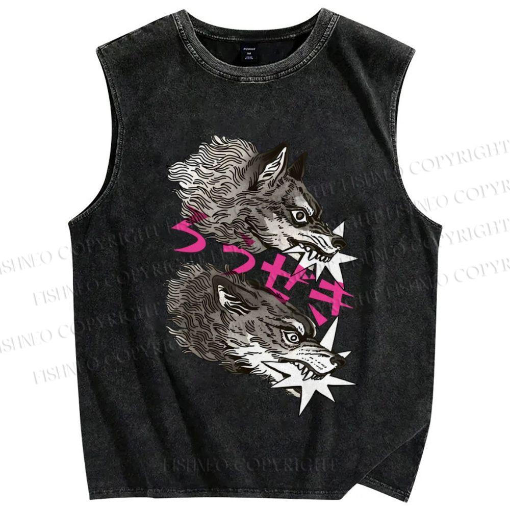 Unisex  Japanese Wolf  Printed Washed Tank Top