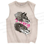 Unisex  Japanese Wolf  Printed Washed Tank Top