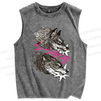 Unisex  Japanese Wolf  Printed Washed Tank Top