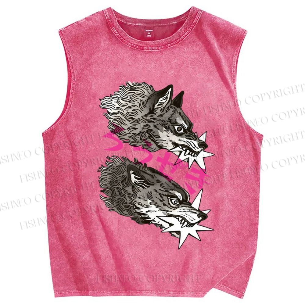 Unisex  Japanese Wolf  Printed Washed Tank Top