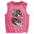 Unisex  Japanese Wolf  Printed Washed Tank Top