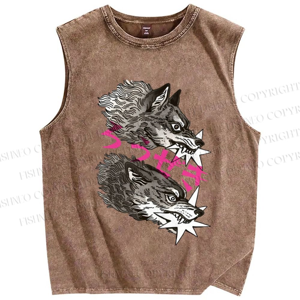 Unisex  Japanese Wolf  Printed Washed Tank Top