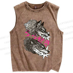 Unisex  Japanese Wolf  Printed Washed Tank Top