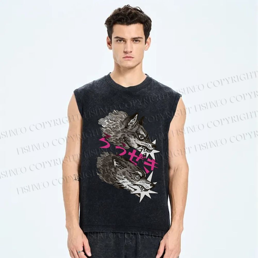 Unisex  Japanese Wolf  Printed Washed Tank Top