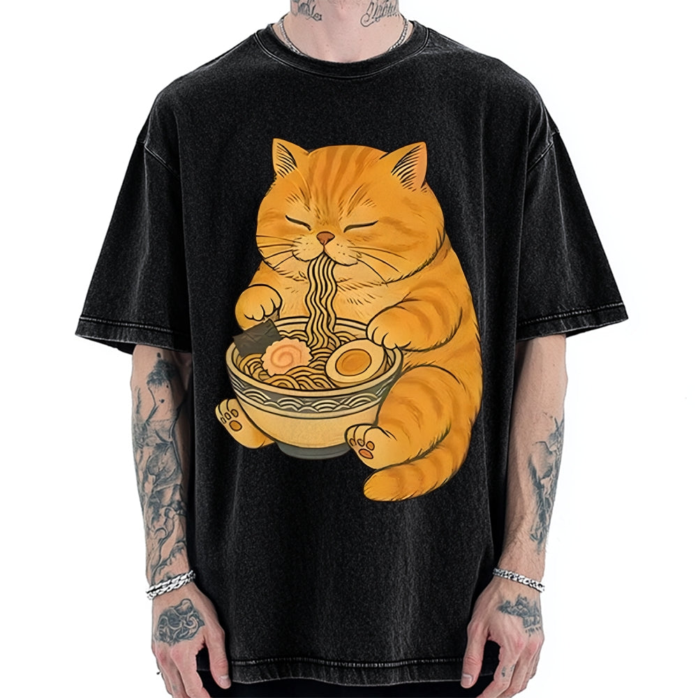 Orange Cat Eating Ramen Vintage Washed T-shirt