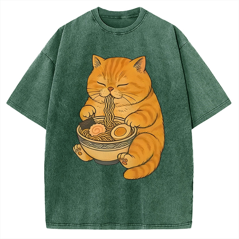 Orange Cat Eating Ramen Vintage Washed T-shirt