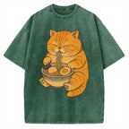 Orange Cat Eating Ramen Vintage Washed T-shirt