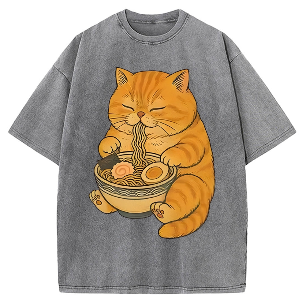 Orange Cat Eating Ramen Vintage Washed T-shirt