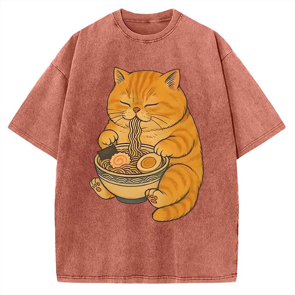 Orange Cat Eating Ramen Vintage Washed T-shirt