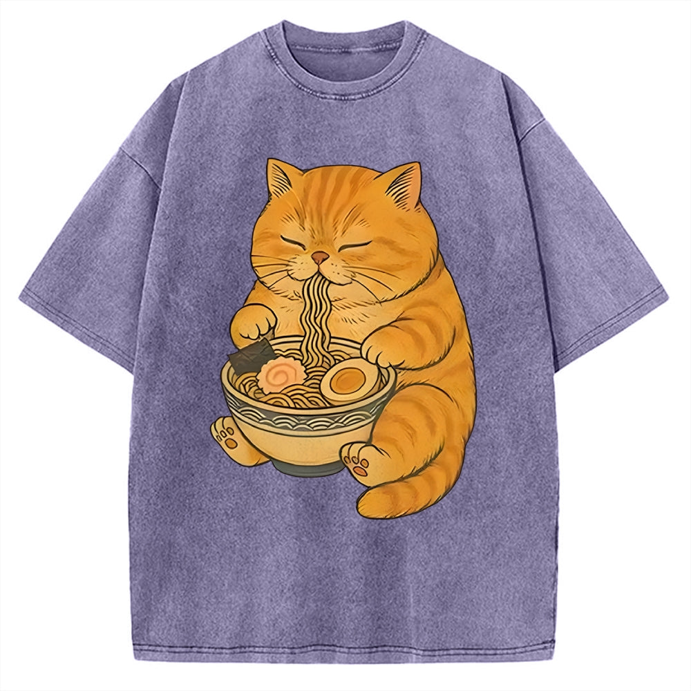 Orange Cat Eating Ramen Vintage Washed T-shirt