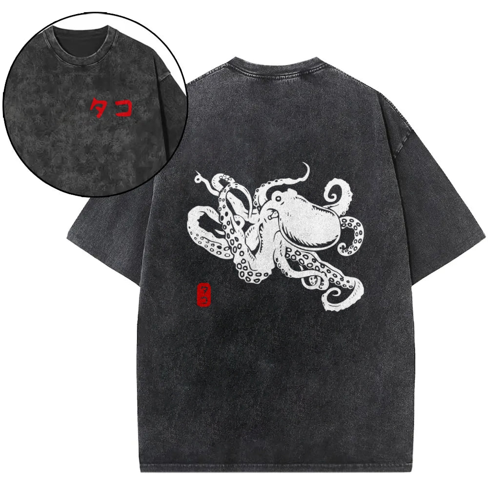 Octopus Vintage Wash Japanese Design Back Art T-Shirt