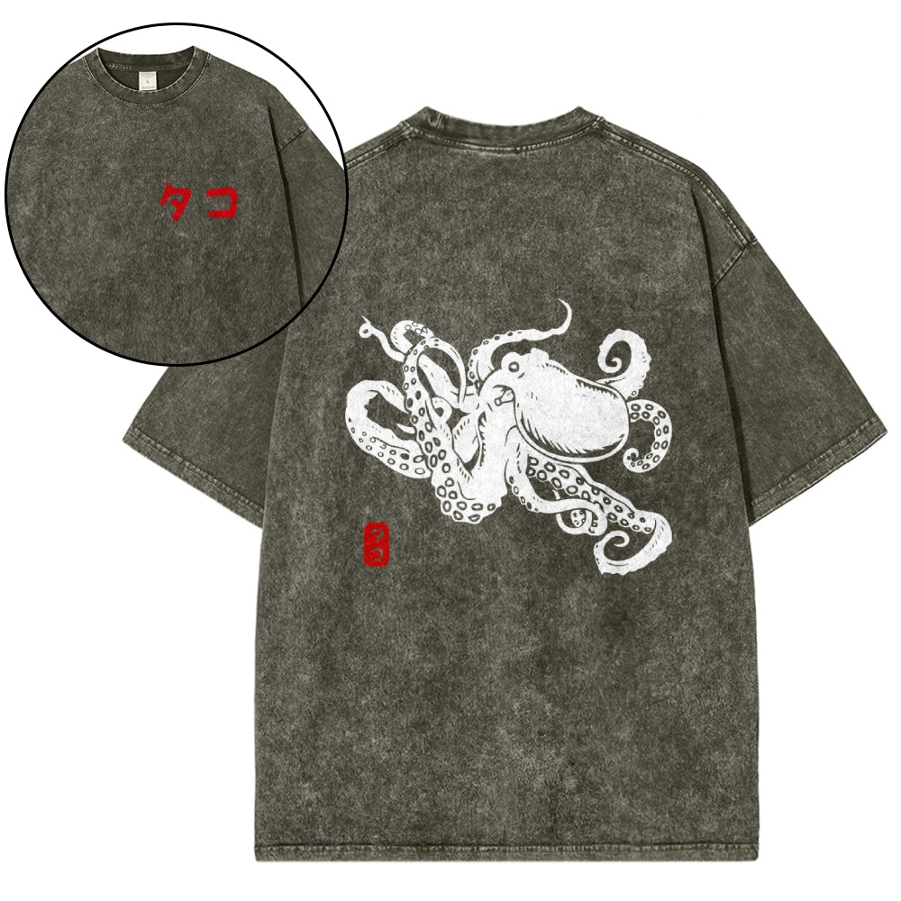 Octopus Vintage Wash Japanese Design Back Art T-Shirt