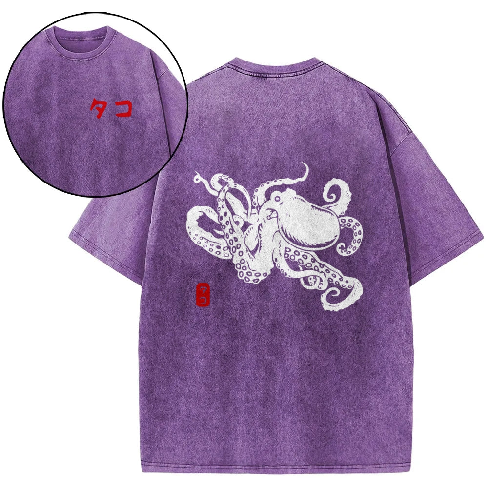 Octopus Vintage Wash Japanese Design Back Art T-Shirt