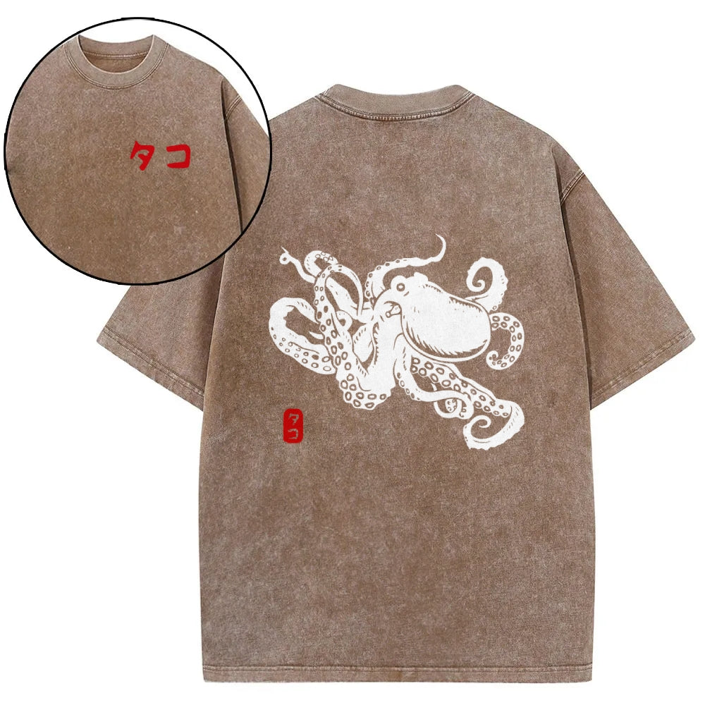 Octopus Vintage Wash Japanese Design Back Art T-Shirt