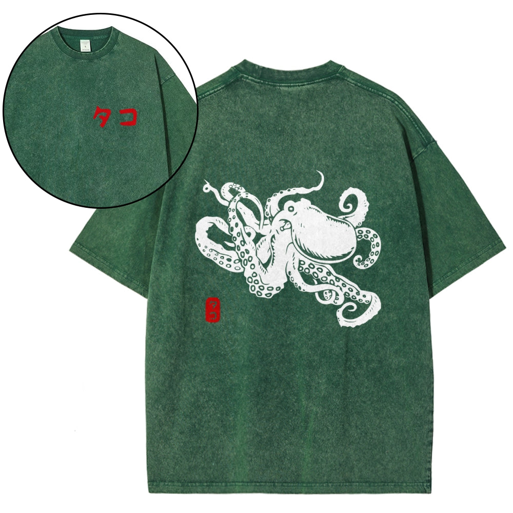 Octopus Vintage Wash Japanese Design Back Art T-Shirt