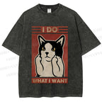 Unisex I Do What I Want Vintage Cat Printed Washed Tee
