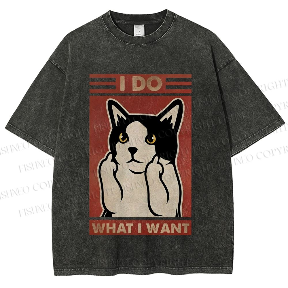 Unisex I Do What I Want Vintage Cat Printed Washed Tee