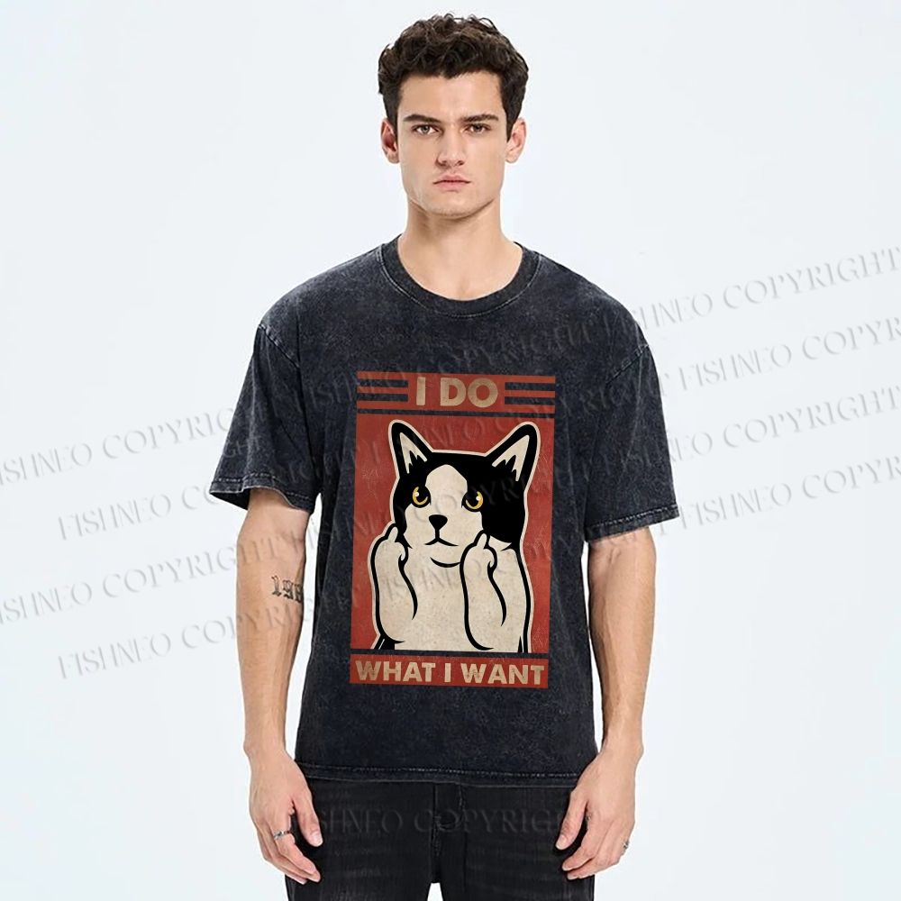 Unisex I Do What I Want Vintage Cat Printed Washed Tee