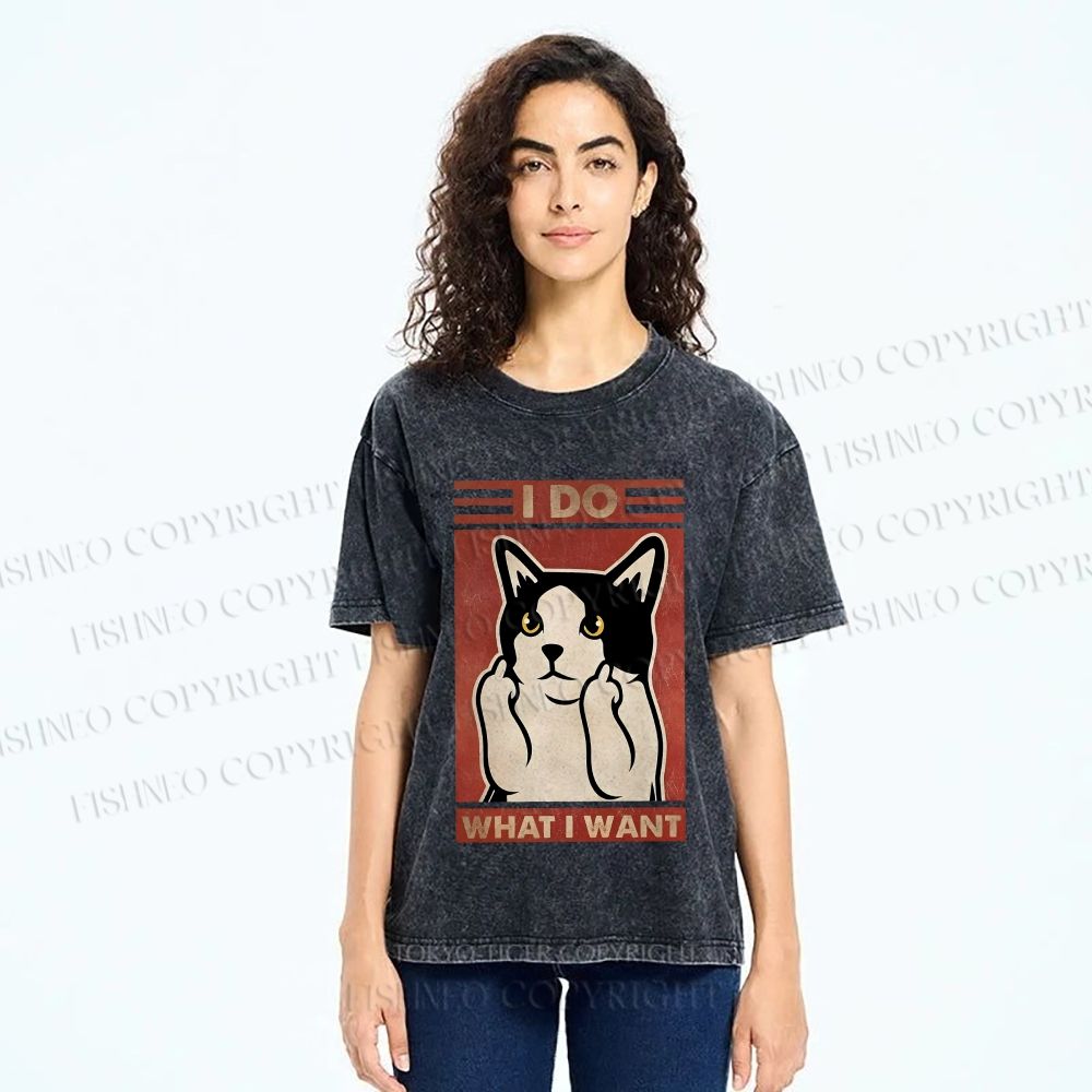 Unisex I Do What I Want Vintage Cat Printed Washed Tee