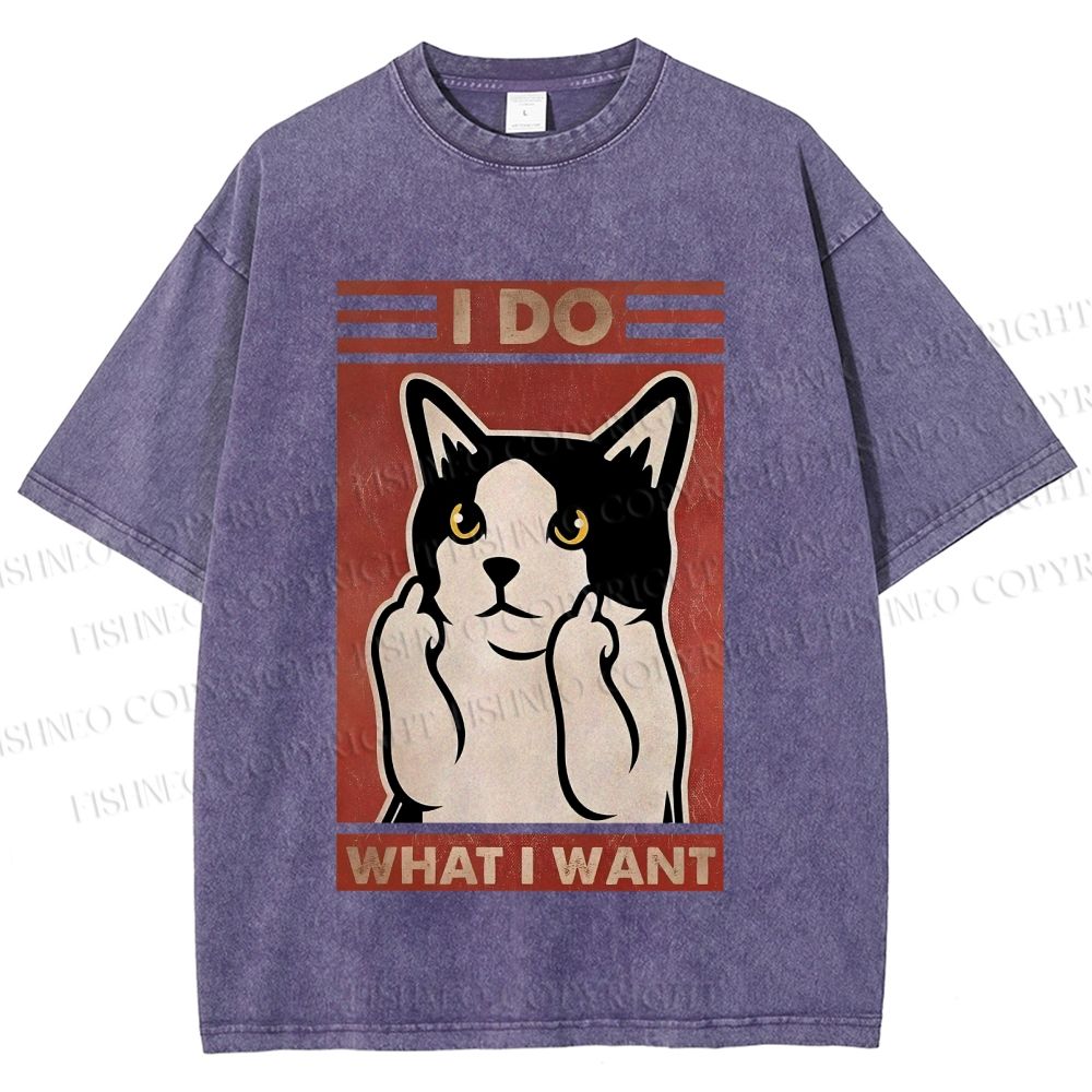 Unisex I Do What I Want Vintage Cat Printed Washed Tee