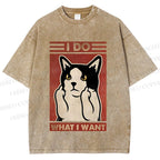 Unisex I Do What I Want Vintage Cat Printed Washed Tee