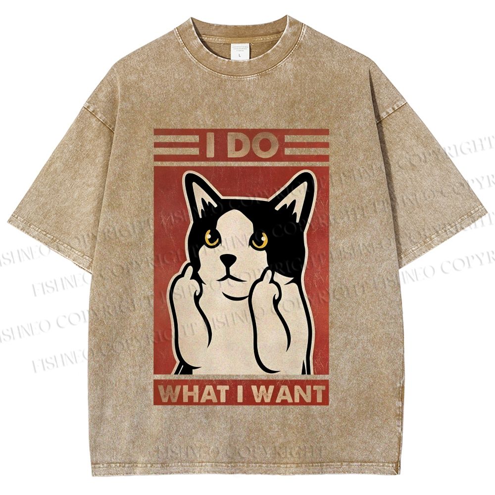 Unisex I Do What I Want Vintage Cat Printed Washed Tee
