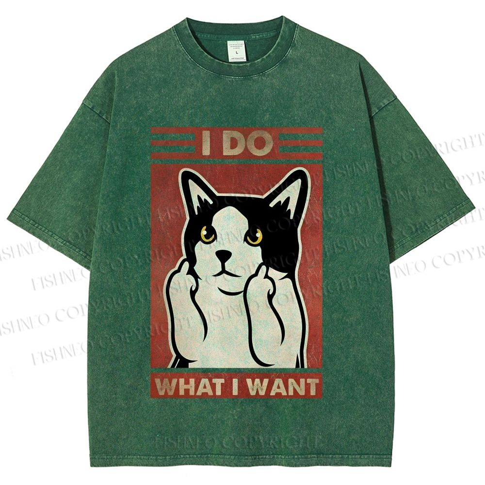 Unisex I Do What I Want Vintage Cat Printed Washed Tee