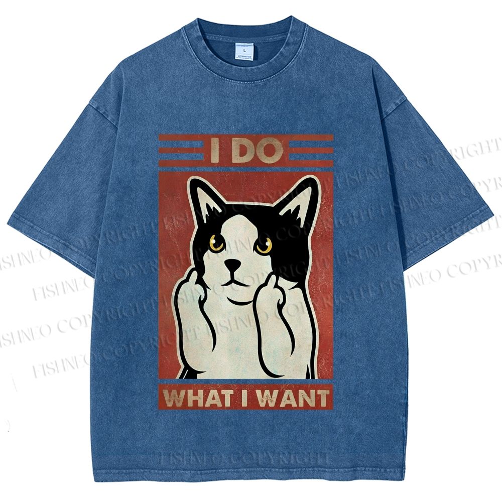 Unisex I Do What I Want Vintage Cat Printed Washed Tee