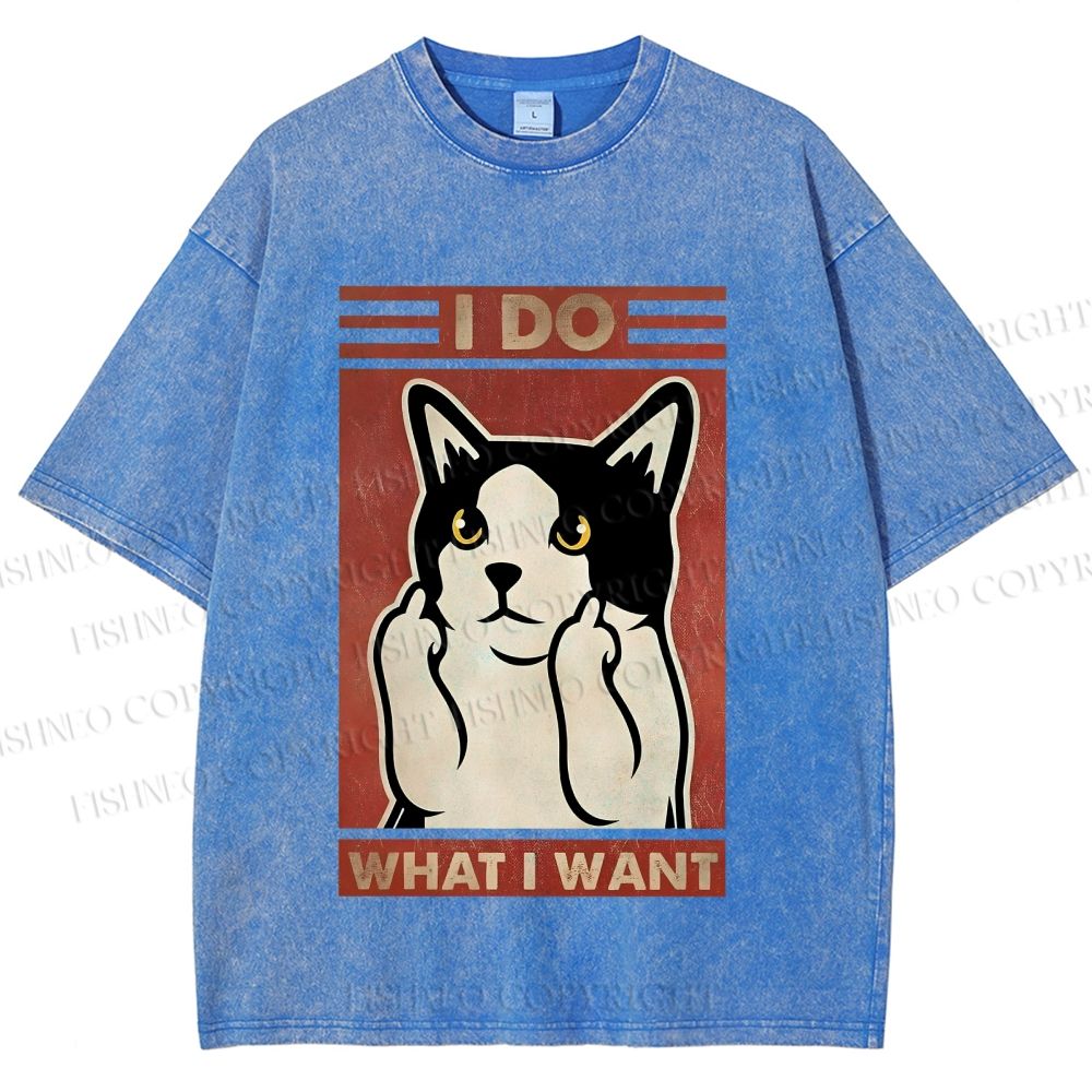 Unisex I Do What I Want Vintage Cat Printed Washed Tee
