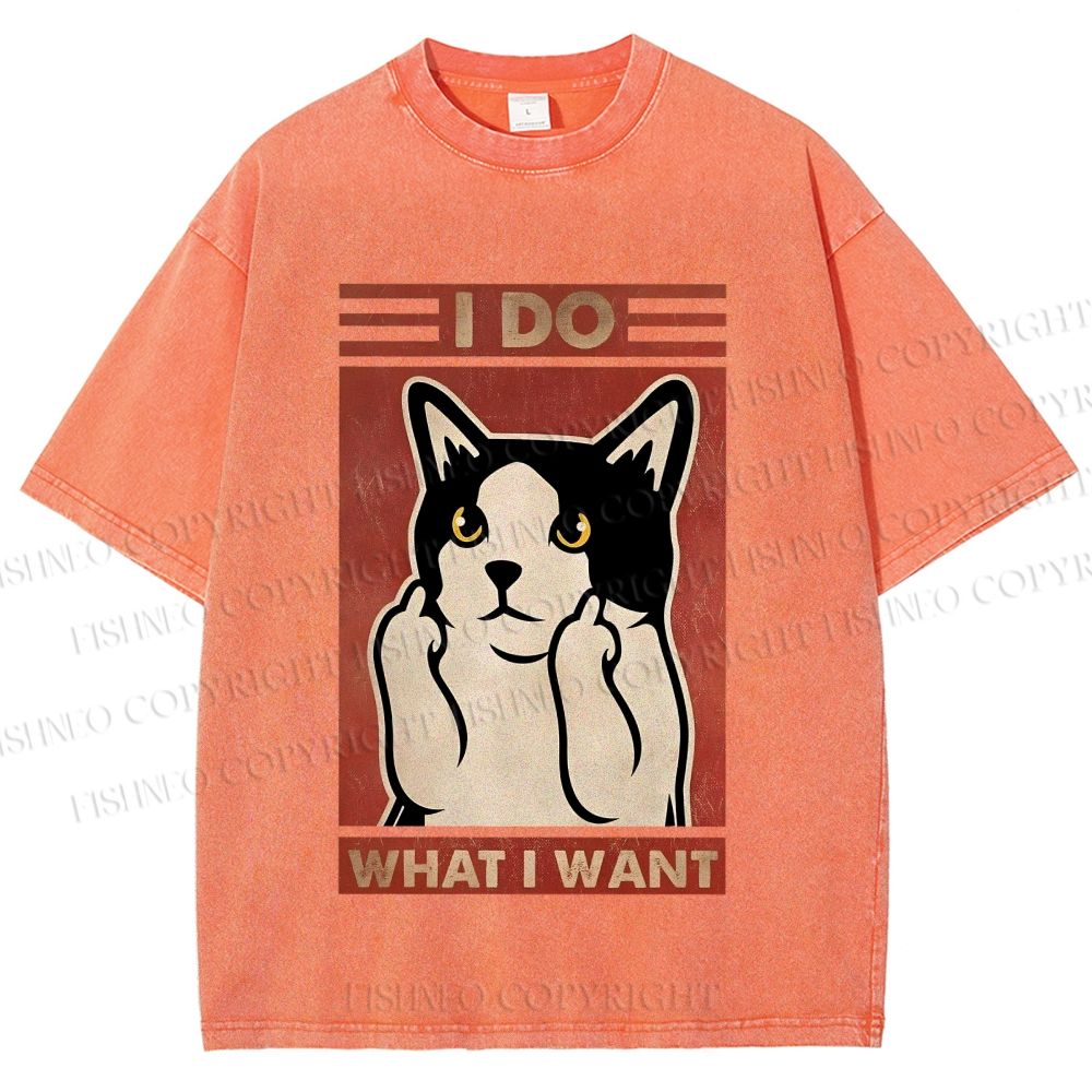 Unisex I Do What I Want Vintage Cat Printed Washed Tee