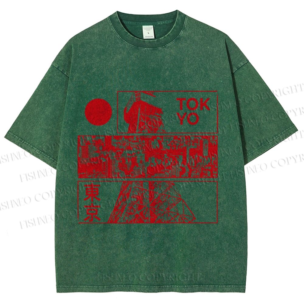 Unisex Japanese Tokyo Printed Washed Tee