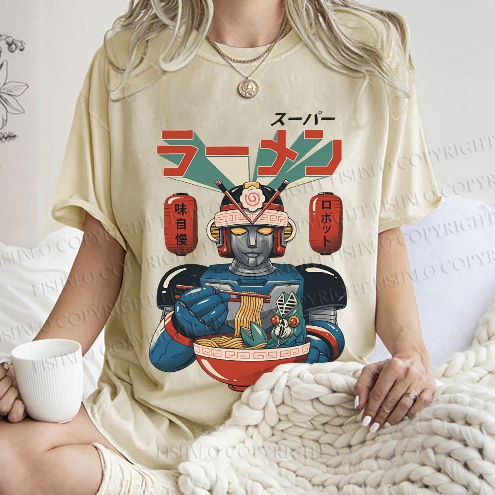 Unisex Vintage Japanese Ramen Senshi Printed Washed Tee