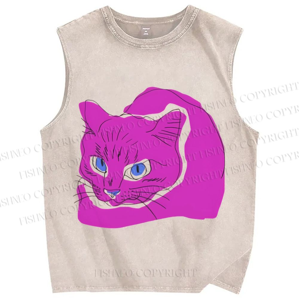 Unisex Weird Cat Printed Washed Tank Top