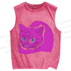 Unisex Weird Cat Printed Washed Tank Top