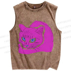 Unisex Weird Cat Printed Washed Tank Top