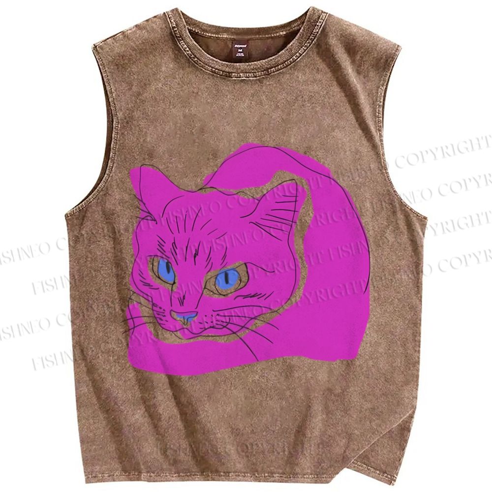 Unisex Weird Cat Printed Washed Tank Top