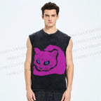 Unisex Weird Cat Printed Washed Tank Top