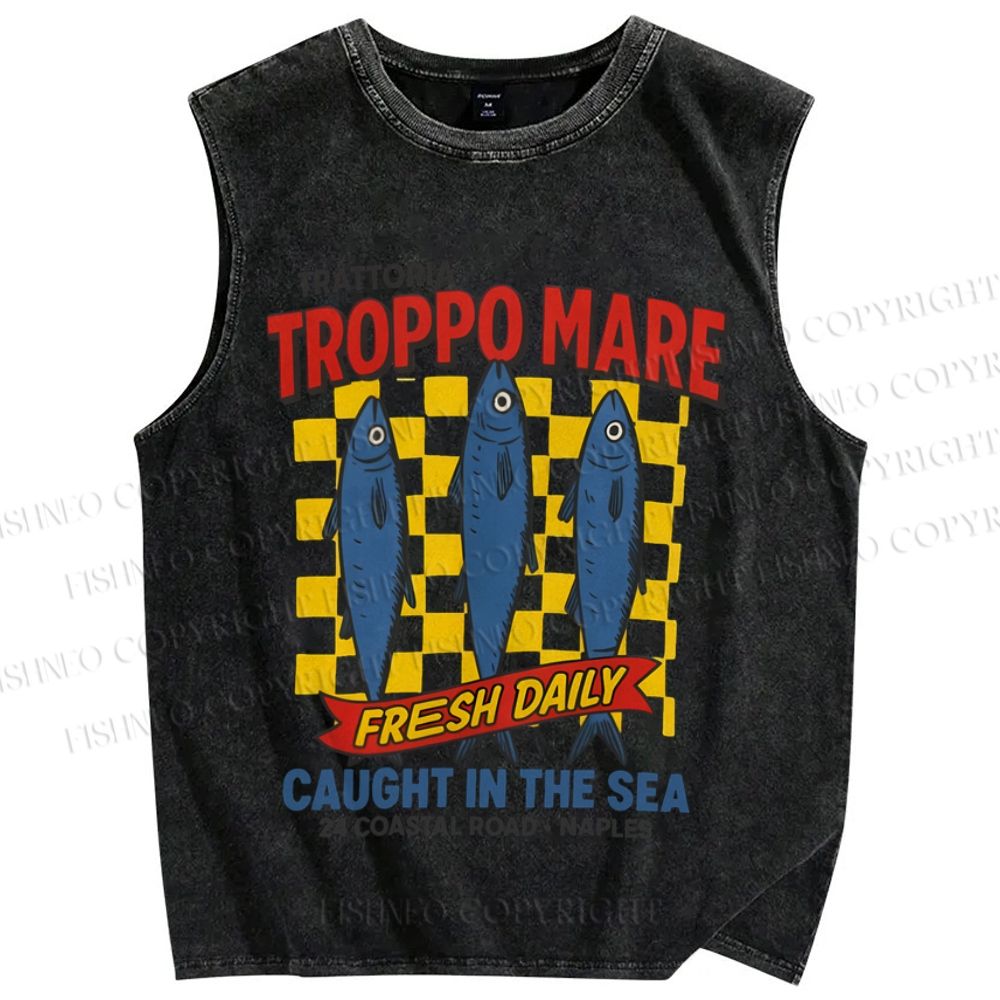 Unisex Troppo Mare Sardine Fish Printed Washed Tank Top