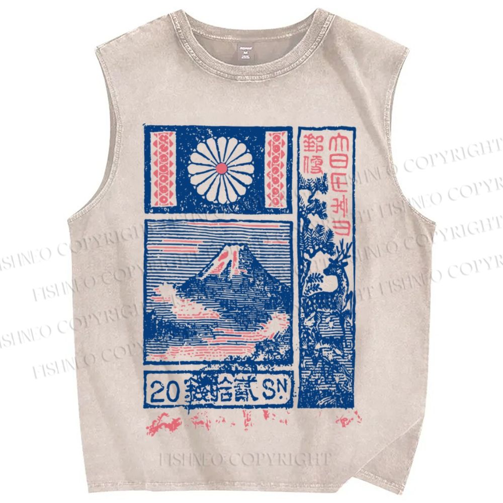 Unisex Japanese Art Mount Fuji Printed Washed Tank Top