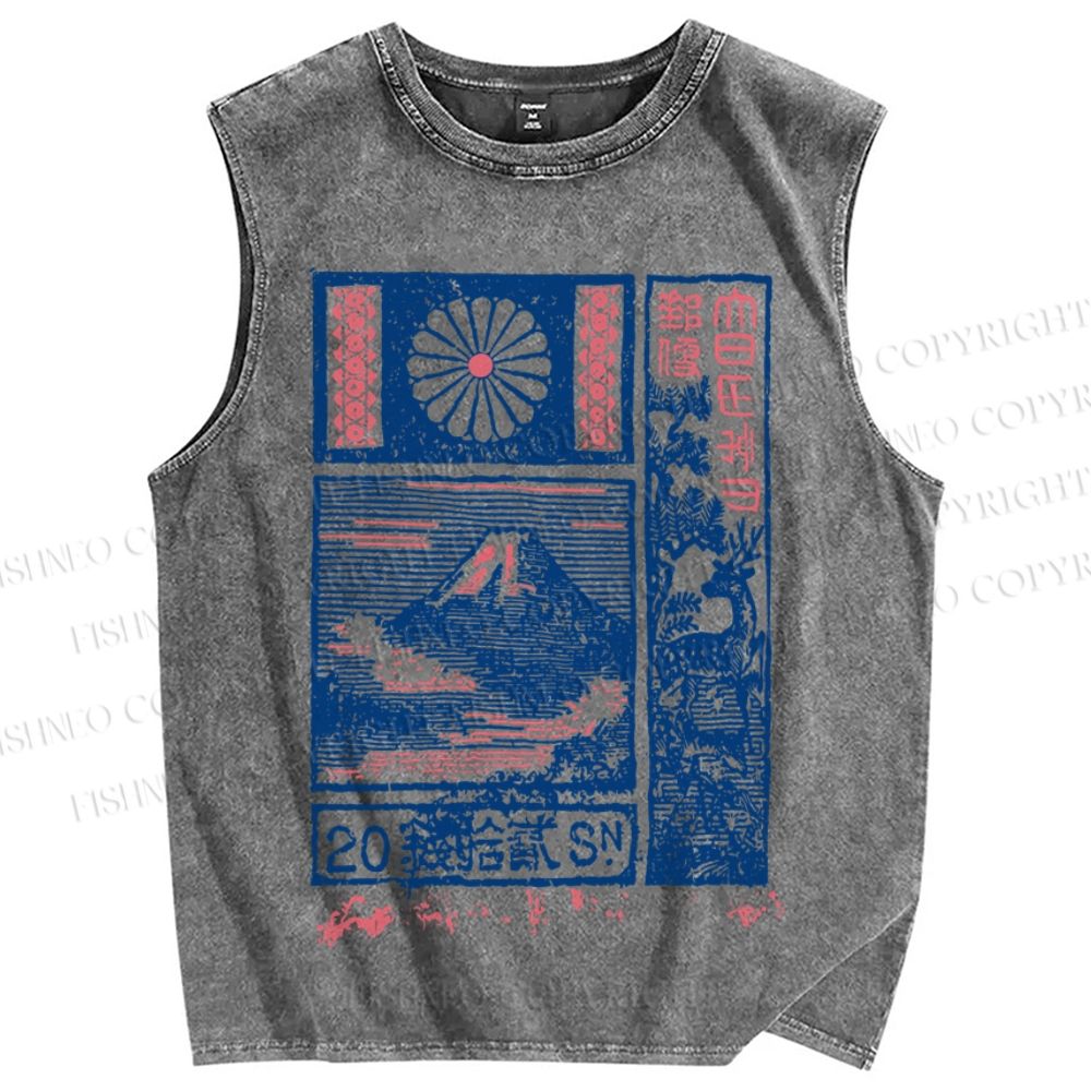 Unisex Japanese Art Mount Fuji Printed Washed Tank Top