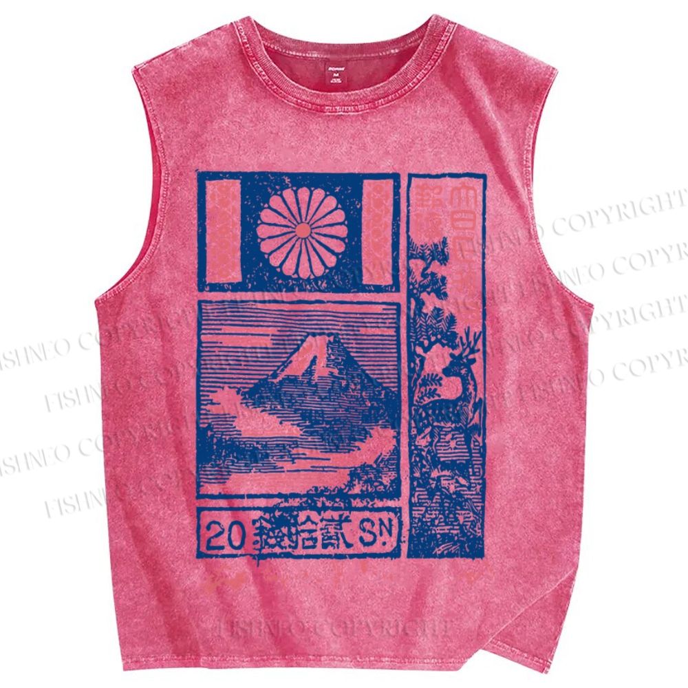 Unisex Japanese Art Mount Fuji Printed Washed Tank Top