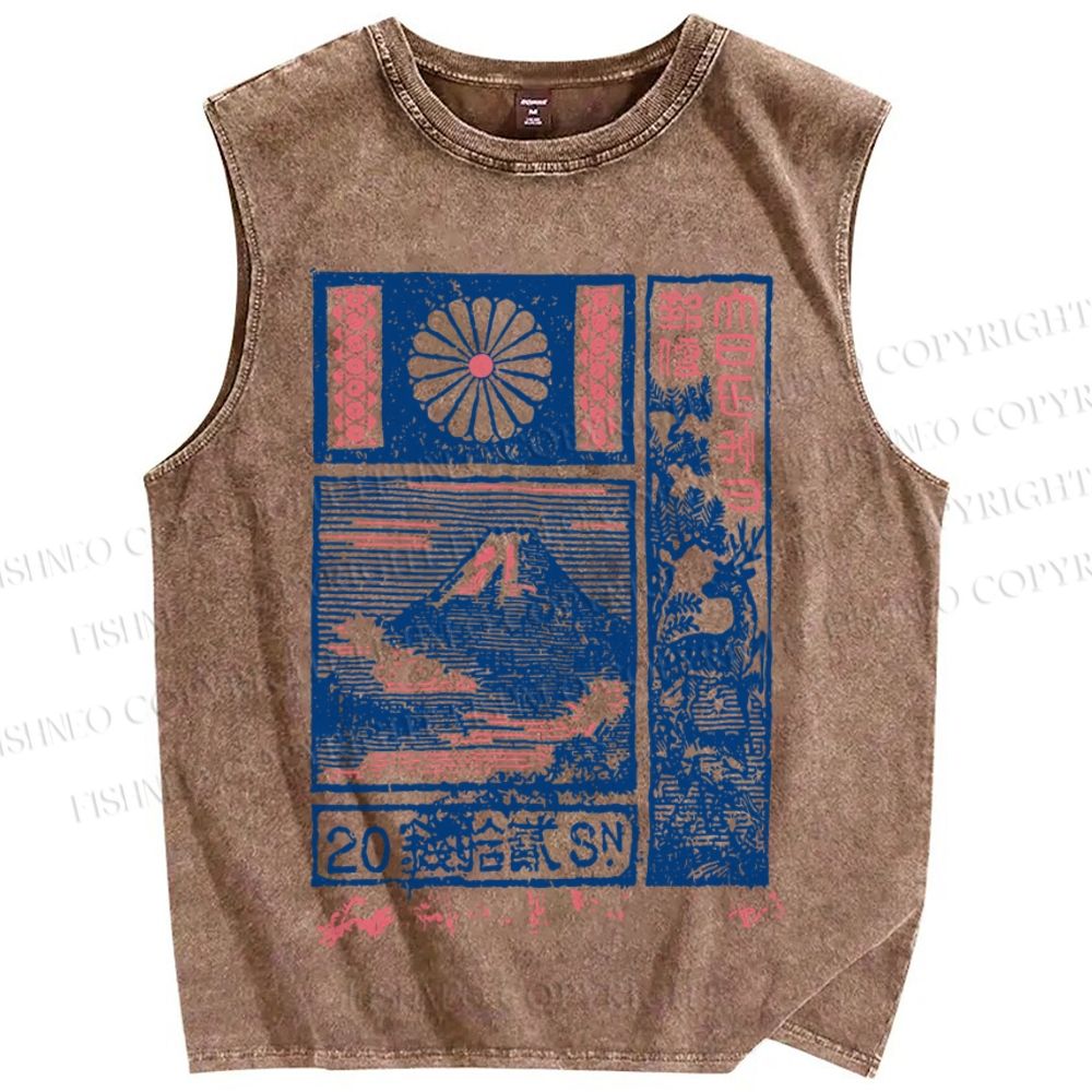 Unisex Japanese Art Mount Fuji Printed Washed Tank Top