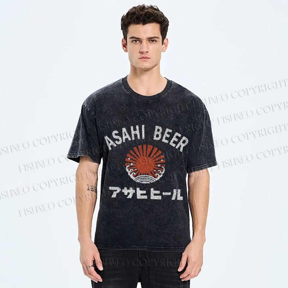 Unisex Asahi Beer Wave Vintage Printed Washed Tee