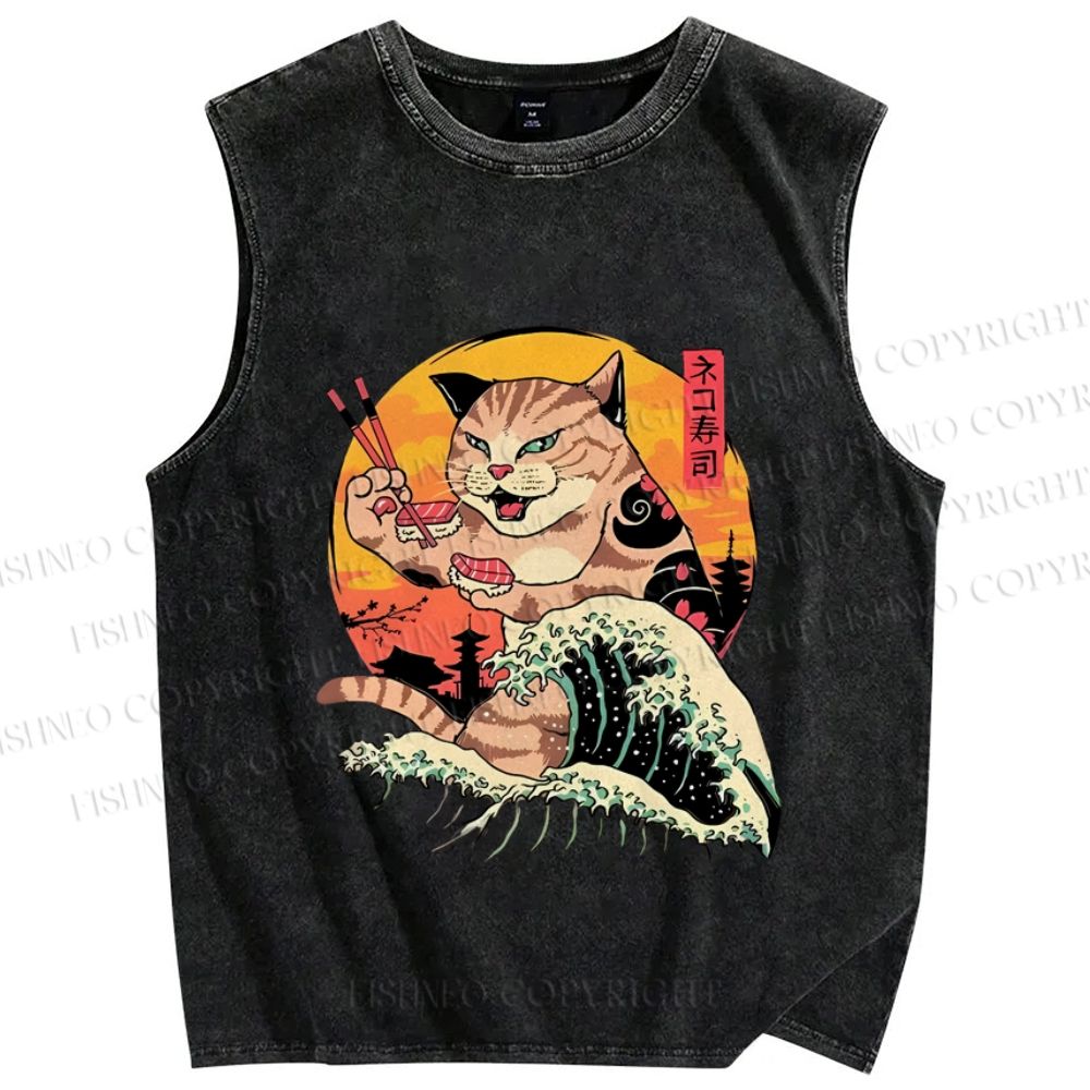 Unisex Ukiyoe Cat Printed Washed Tank Top