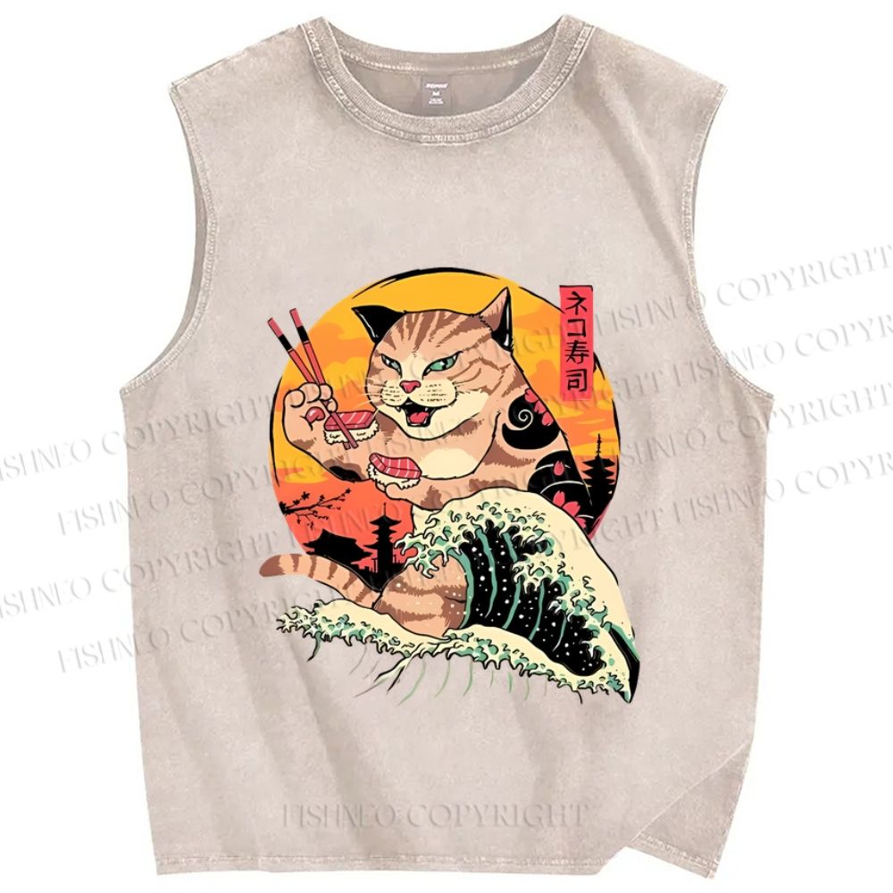 Unisex Ukiyoe Cat Printed Washed Tank Top