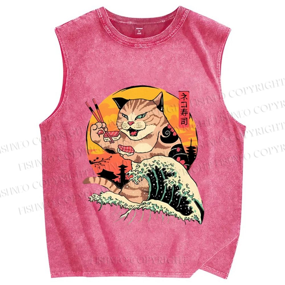 Unisex Ukiyoe Cat Printed Washed Tank Top