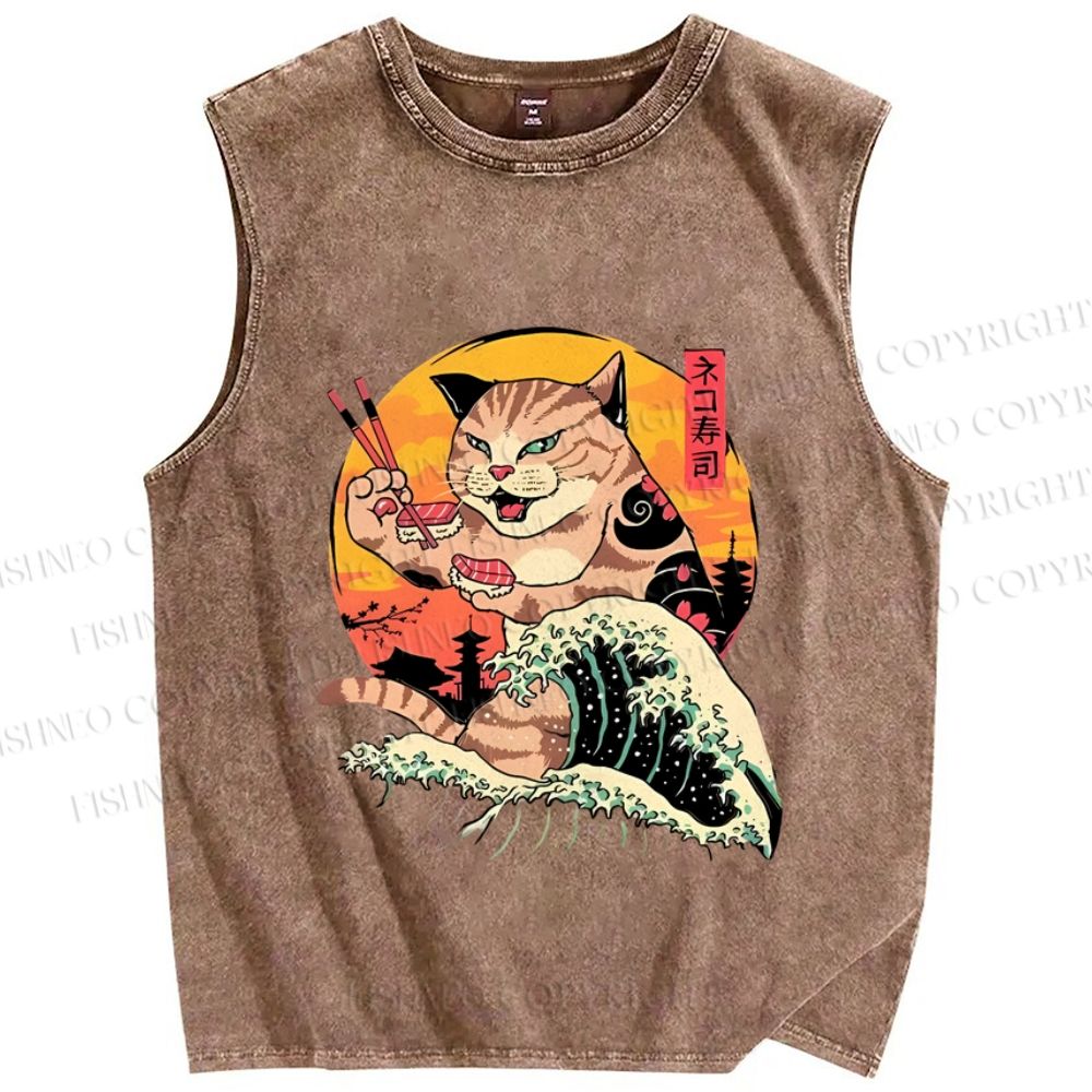 Unisex Ukiyoe Cat Printed Washed Tank Top