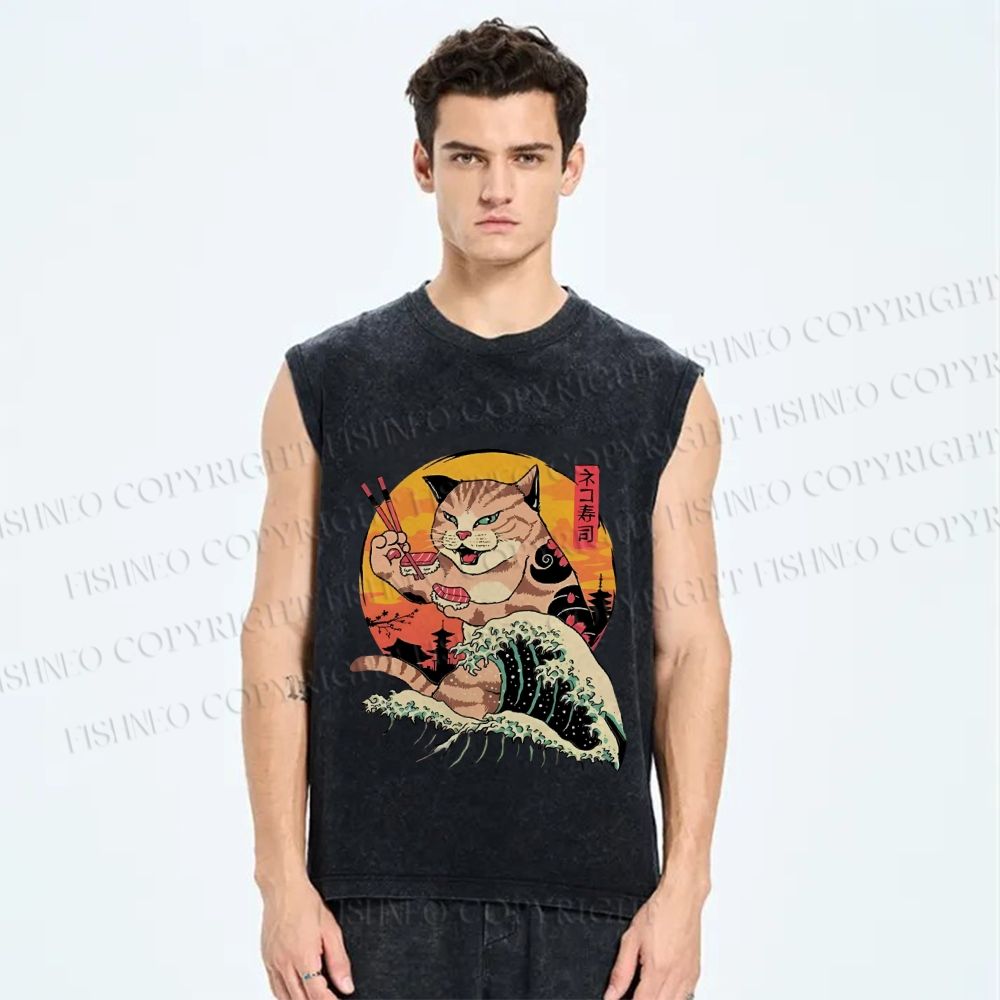 Unisex Ukiyoe Cat Printed Washed Tank Top