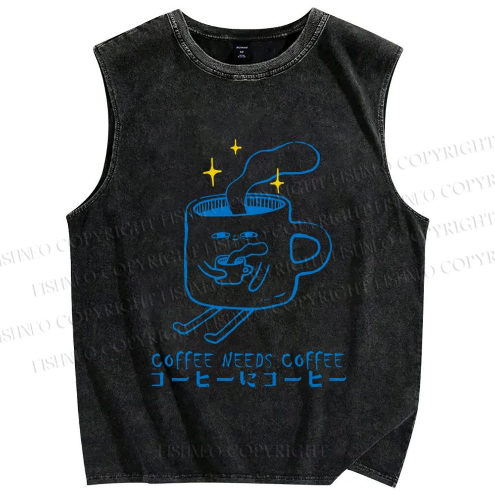 Unisex Coffee Needs Coffee Japanese Printed Washed Tank Top