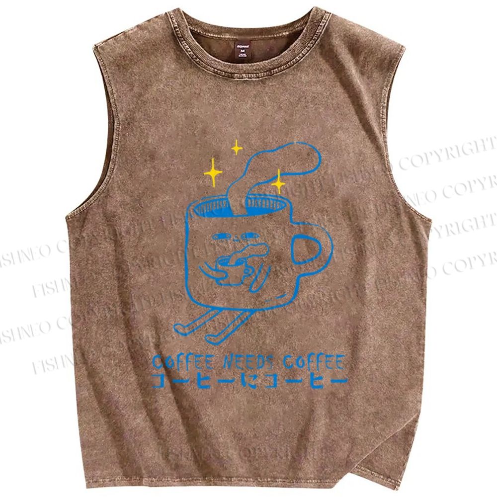 Unisex Coffee Needs Coffee Japanese Printed Washed Tank Top